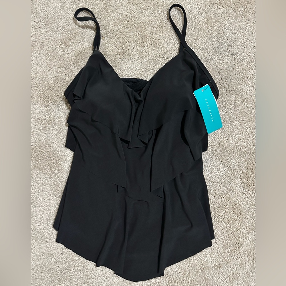 Aqua Green Swimwear Black ruffled tankini top with built in bra size small NEW